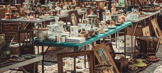 Shopping for antique dishes, and art work, at First Monday!