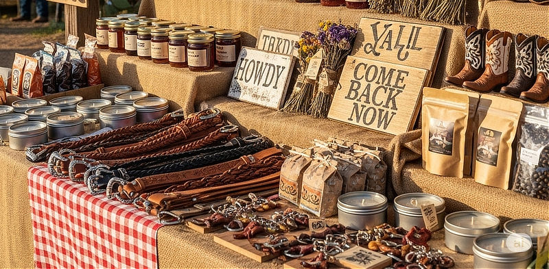 Howdy! signs, belts and books for sale ... at Canton First Monday Trade Days in East Texas ... Ya'll come back now!