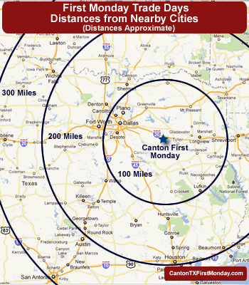 Map and chart of Driving Times to Canton and First Monday Trade Days